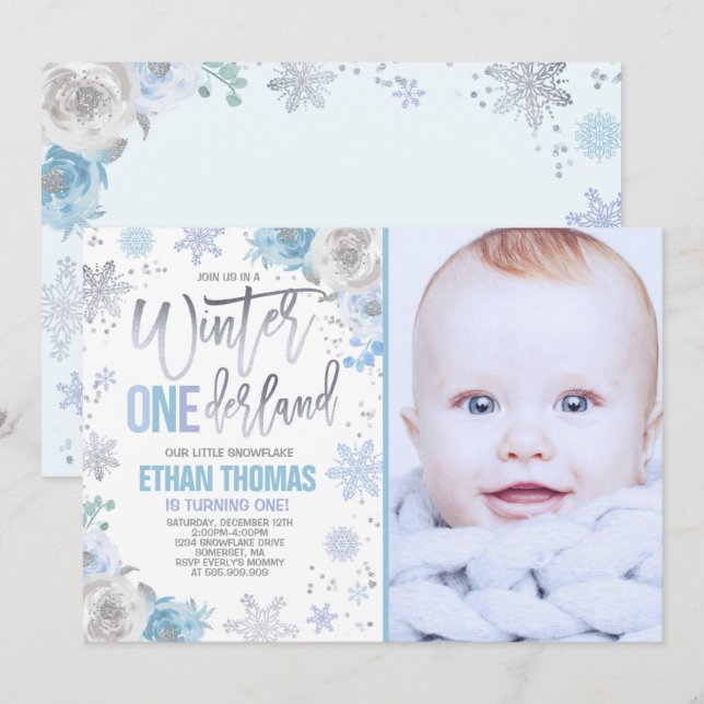 Winter ONEderland Birthday Invitation Blue Silver (Front/Back)