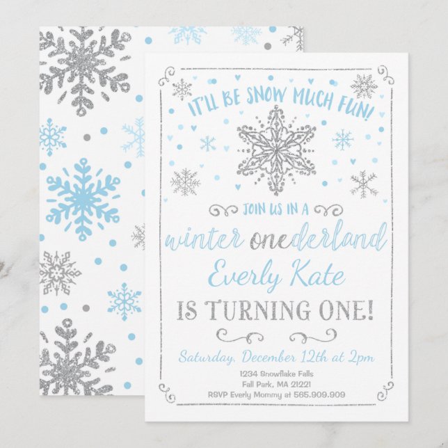 Winter ONEderland Birthday Invitation Blue Silver (Front/Back)