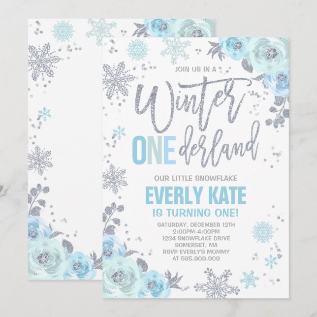 Winter ONEderland Birthday Invitation Blue Silver (Front/Back)