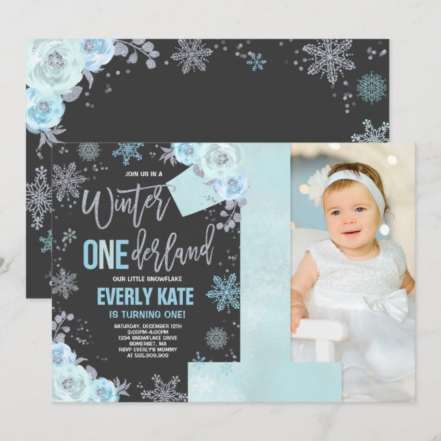 Winter ONEderland Birthday Invitation Blue Silver (Front/Back)