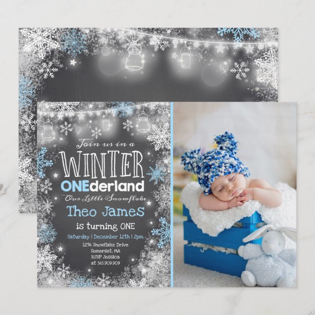Winter ONEderland Birthday Invitation Blue White (Front/Back)