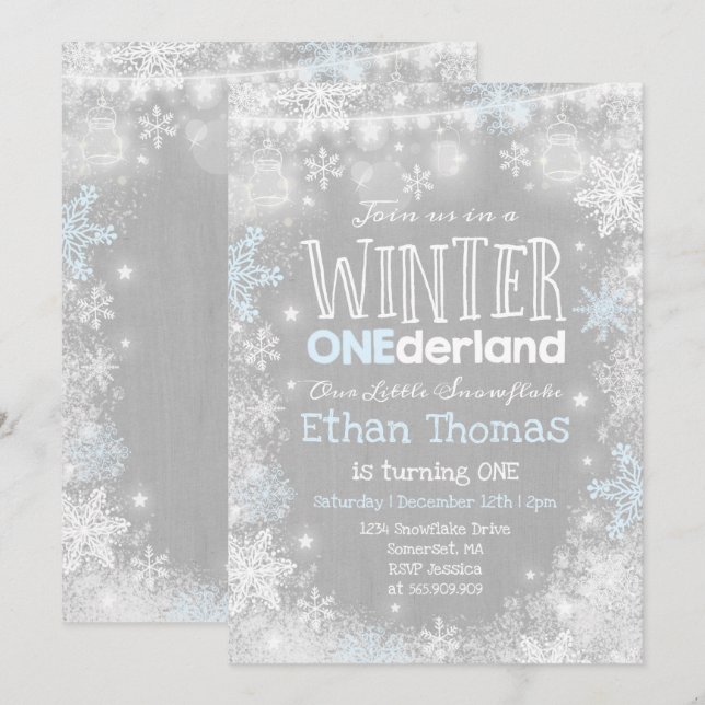 Winter ONEderland Birthday Invitation Blue White (Front/Back)