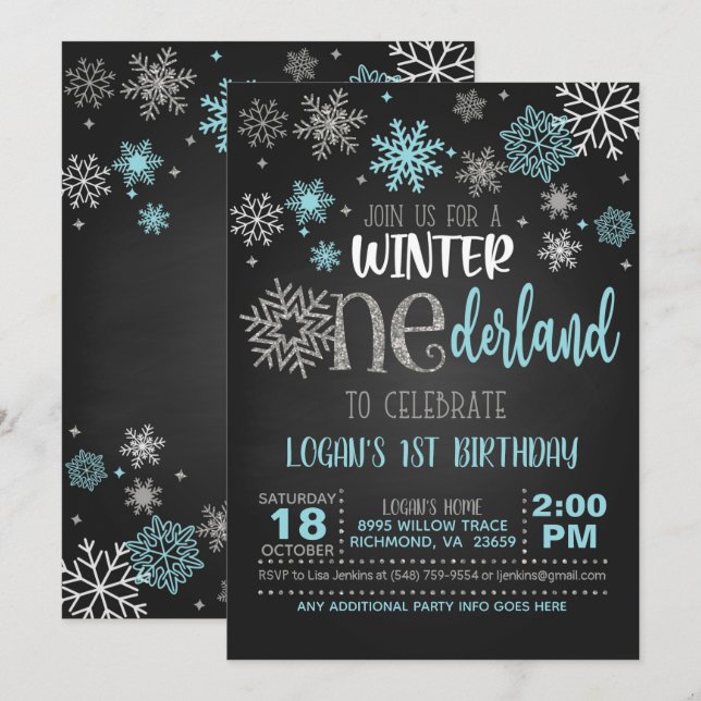 Winter ONEderland Birthday Invitation - Boy - BLK (Front/Back)