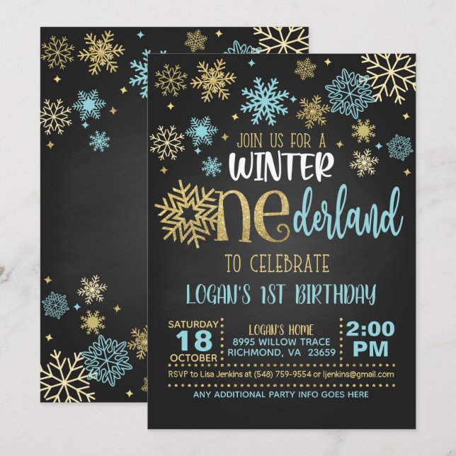 Winter ONEderland Birthday Invitation - Boy - GB (Front/Back)