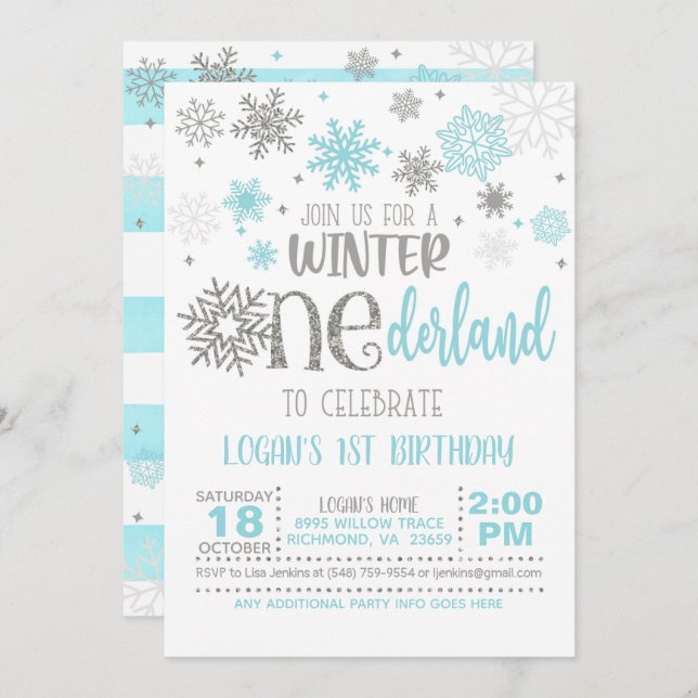 Winter ONEderland Birthday Invitation - Boy - WH (Front/Back)