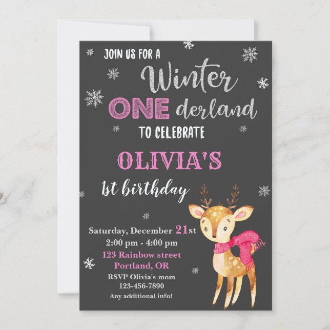 Winter onederland birthday invitation Deer baby (Front)