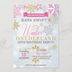 Winter Onederland Birthday Invitation Gold & Pink