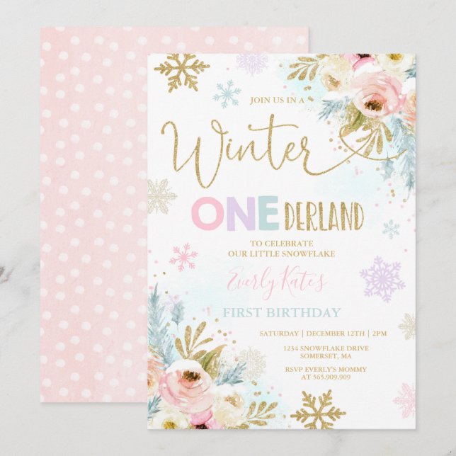 Winter ONEderland Birthday Invitation Gold Pink (Front/Back)