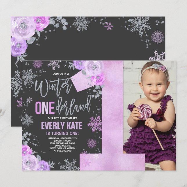 Winter ONEderland Birthday Invitation Lilac Silver (Front/Back)