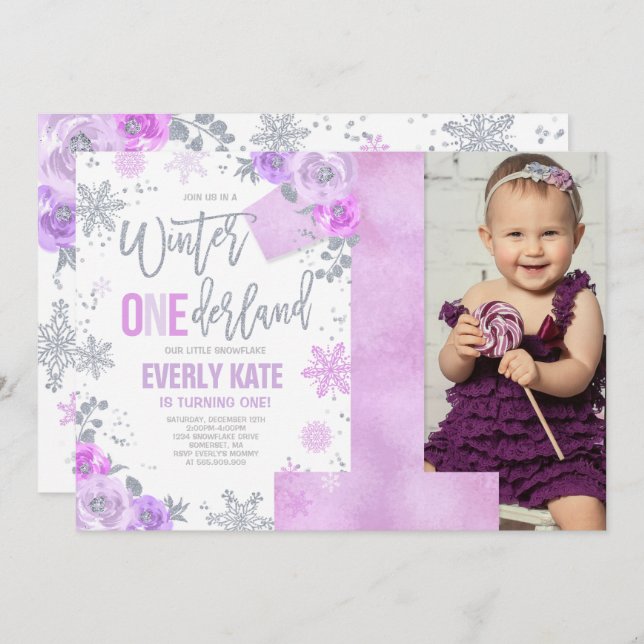 Winter ONEderland Birthday Invitation Lilac Silver (Front/Back)