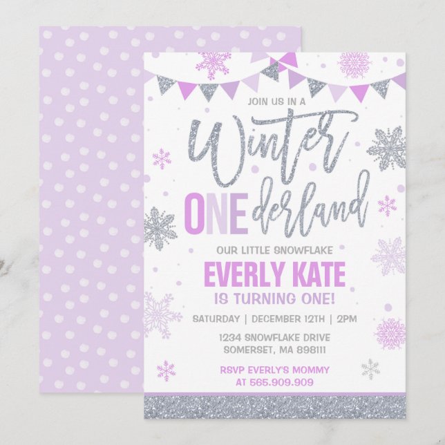 Winter ONEderland Birthday Invitation Lilac Silver (Front/Back)