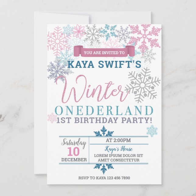 Winter Onederland Birthday Invitation Pink & Blue (Front)
