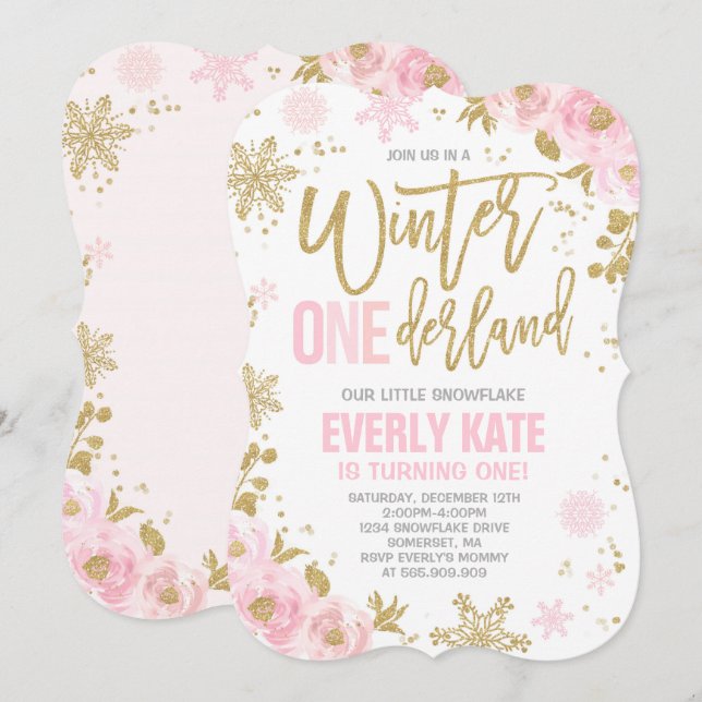 Winter ONEderland Birthday Invitation Pink Gold (Front/Back)