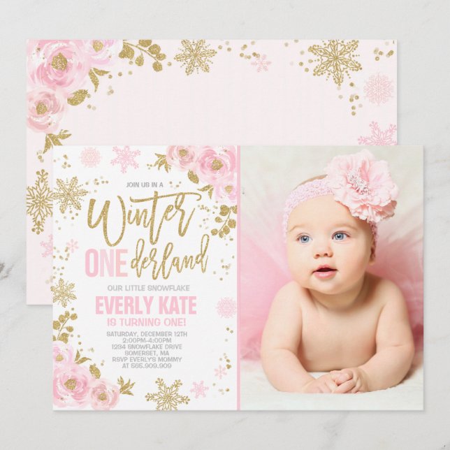Winter ONEderland Birthday Invitation Pink Gold (Front/Back)