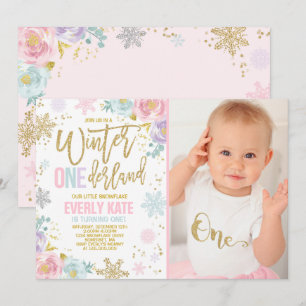 Winter ONEderland Birthday Invitation Pink Gold