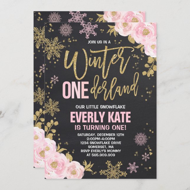 Winter ONEderland Birthday Invitation Pink Gold (Front/Back)