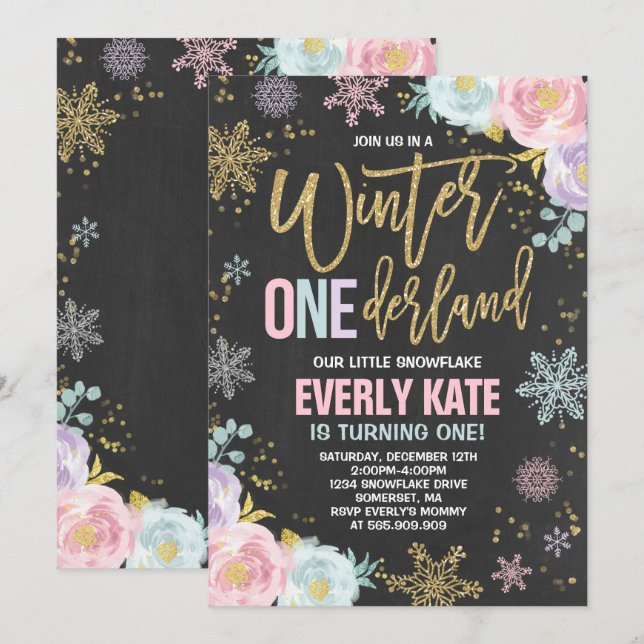 Winter ONEderland Birthday Invitation Pink Gold (Front/Back)