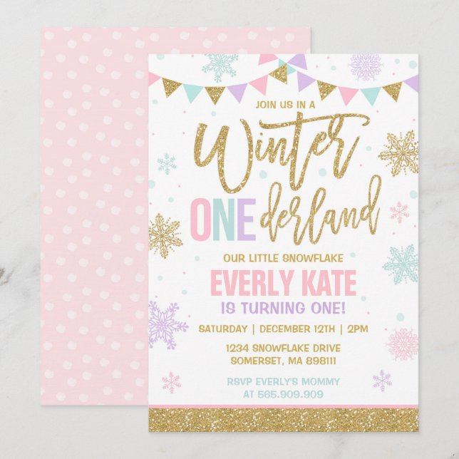 Winter ONEderland Birthday Invitation Pink & Gold (Front/Back)