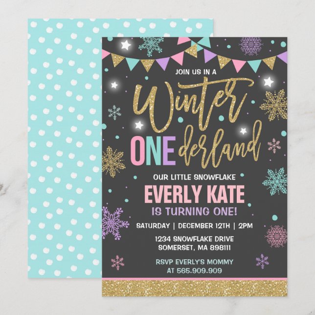 Winter ONEderland Birthday Invitation Pink & Gold (Front/Back)