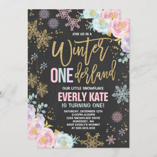 Winter ONEderland Birthday Invitation Pink Gold (Front/Back)