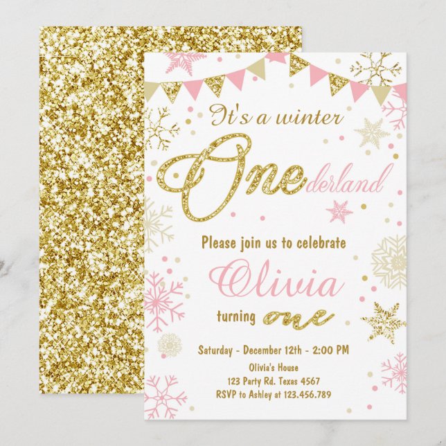 Winter Onederland birthday invitation Pink Gold (Front/Back)