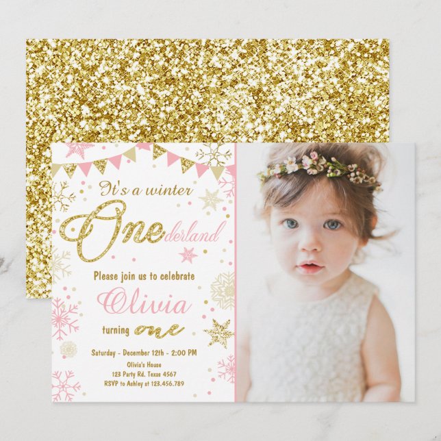 Winter Onederland birthday invitation Pink Gold (Front/Back)