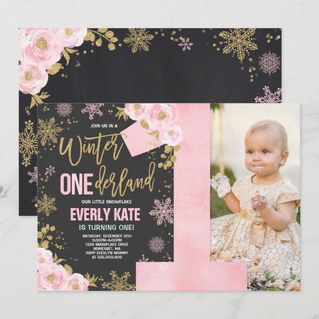 Winter ONEderland Birthday Invitation Pink Gold (Front/Back)