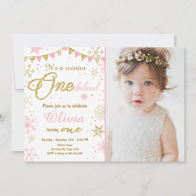Winter Onederland birthday invitation Pink Gold (Front)