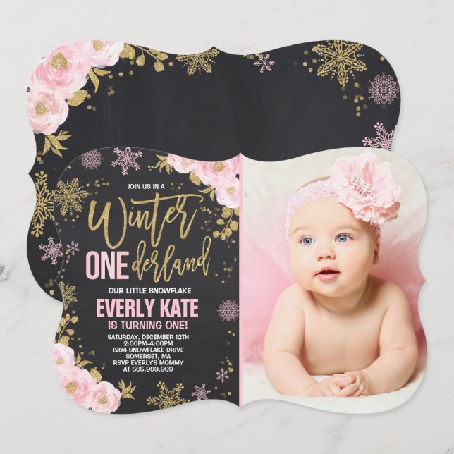 Winter ONEderland Birthday Invitation Pink Gold (Front/Back)