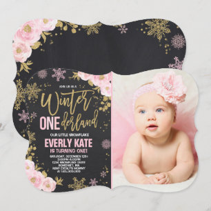 Winter ONEderland Birthday Invitation Pink Gold