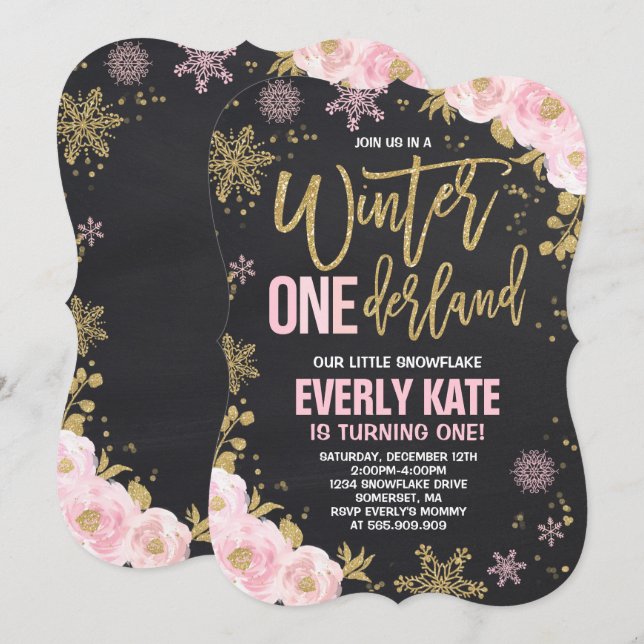 Winter ONEderland Birthday Invitation Pink Gold (Front/Back)