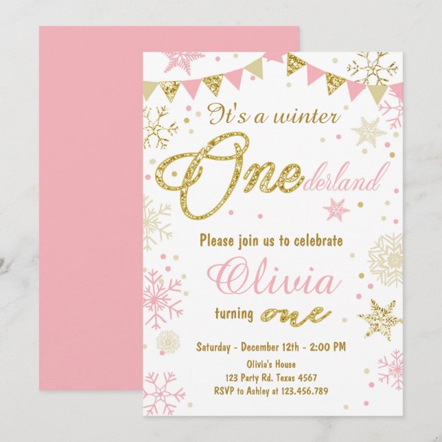 Winter Onederland birthday invitation Pink Gold (Front/Back)