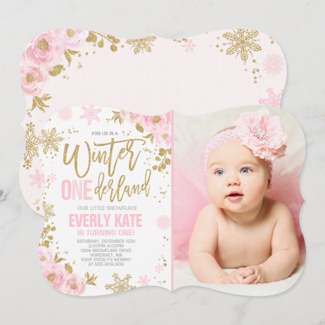 Winter ONEderland Birthday Invitation Pink Gold (Front/Back)