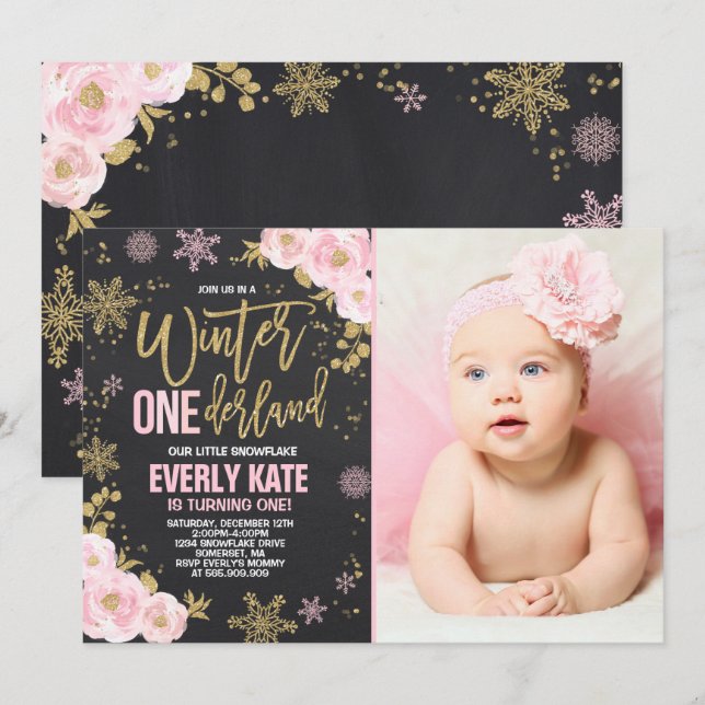 Winter ONEderland Birthday Invitation Pink Gold (Front/Back)