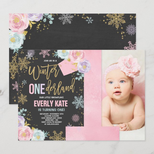 Winter ONEderland Birthday Invitation Pink Gold (Front/Back)