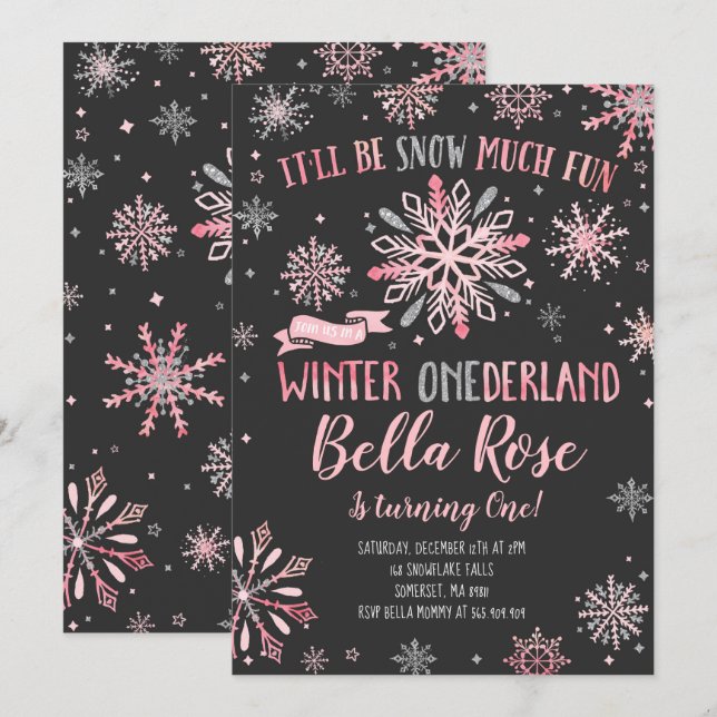 Winter ONEderland Birthday Invitation Pink Silver (Front/Back)