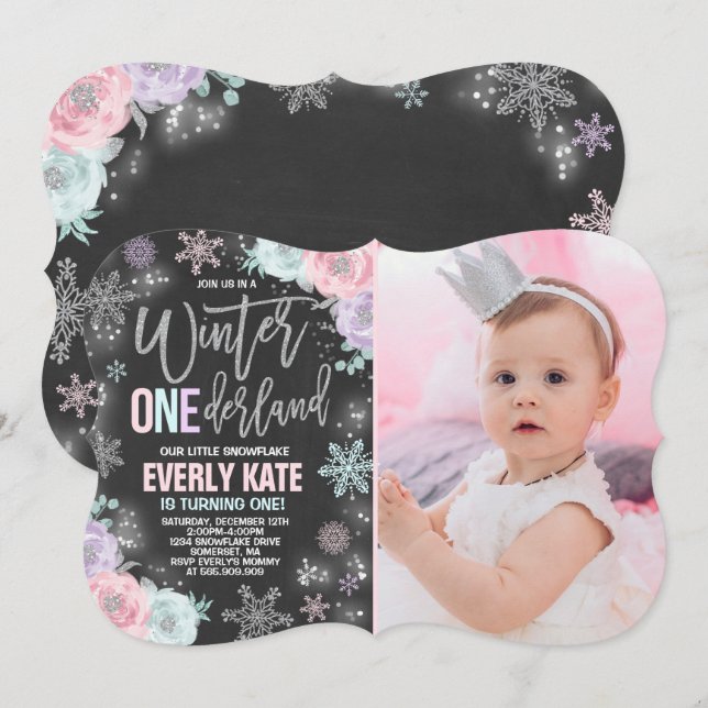 Winter ONEderland Birthday Invitation Pink Silver (Front/Back)