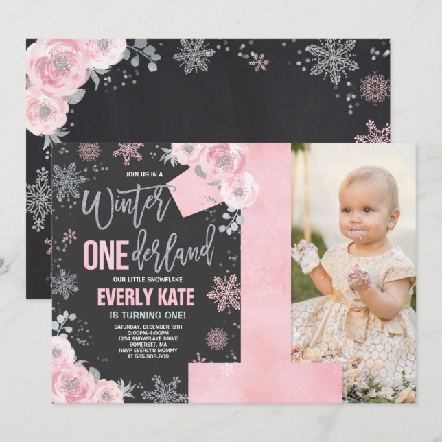 Winter ONEderland Birthday Invitation Pink Silver (Front/Back)