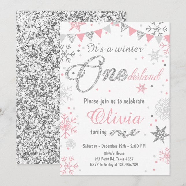 Winter Onederland birthday invitation Pink silver (Front/Back)