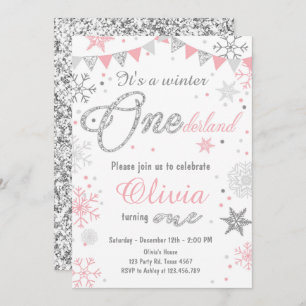 Winter Onederland birthday invitation Pink silver