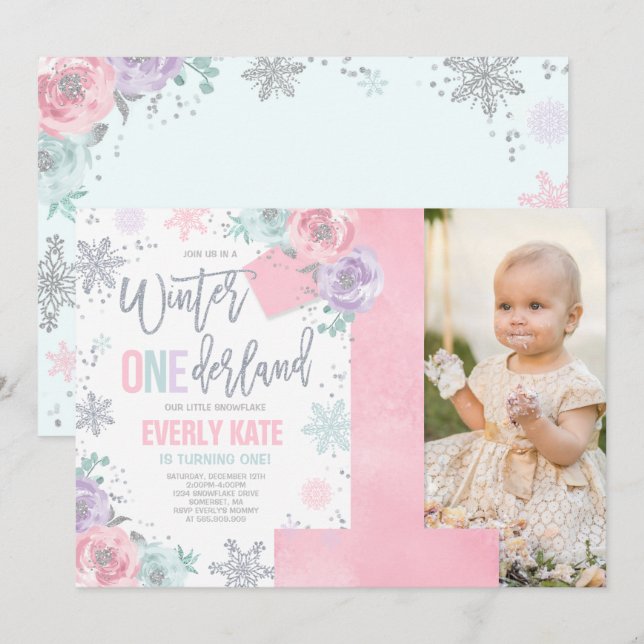 Winter ONEderland Birthday Invitation Pink Silver (Front/Back)
