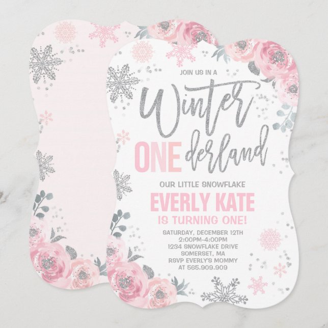 Winter ONEderland Birthday Invitation Pink Silver (Front/Back)