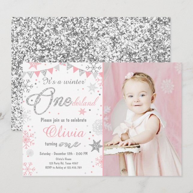 Winter Onederland birthday invitation Pink silver (Front/Back)