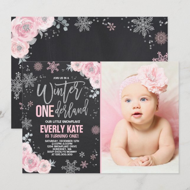 Winter ONEderland Birthday Invitation Pink Silver (Front/Back)