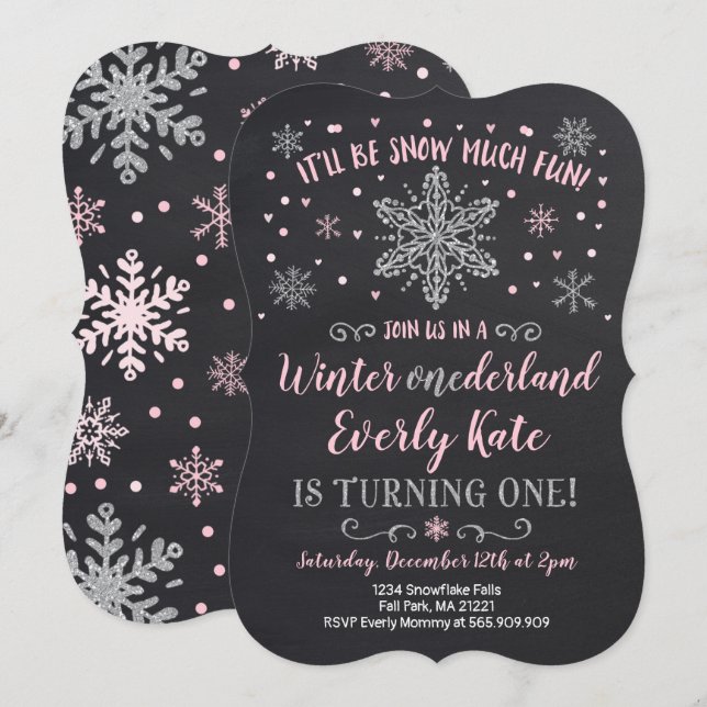 Winter ONEderland Birthday Invitation Pink Silver (Front/Back)