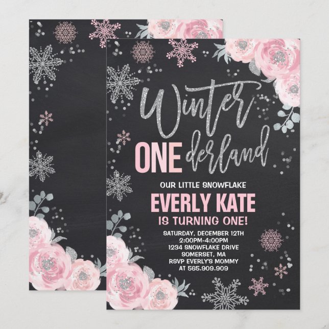 Winter ONEderland Birthday Invitation Pink Silver (Front/Back)