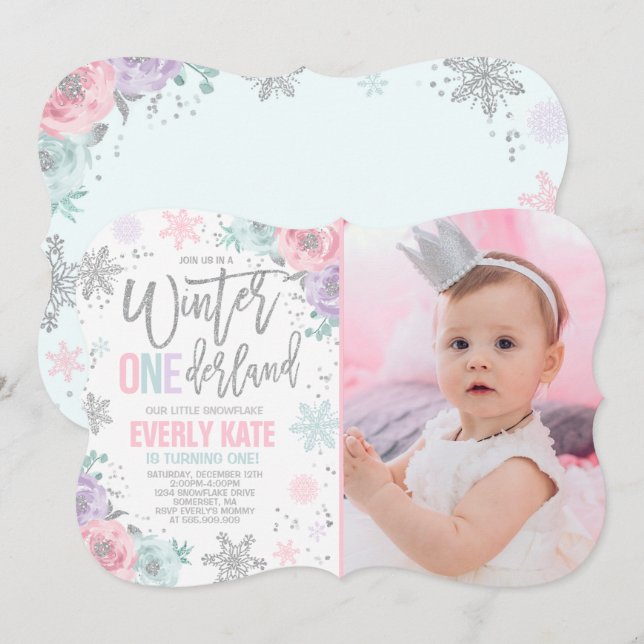 Winter ONEderland Birthday Invitation Pink Silver (Front/Back)