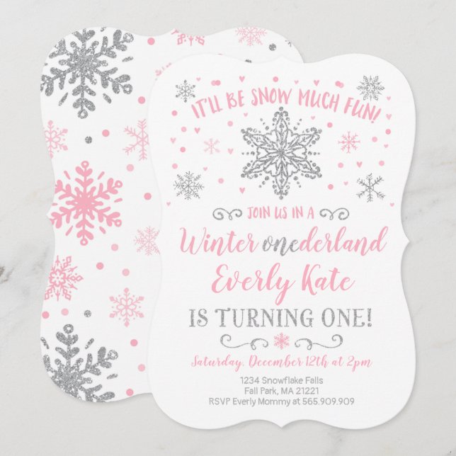 Winter ONEderland Birthday Invitation Pink Silver (Front/Back)