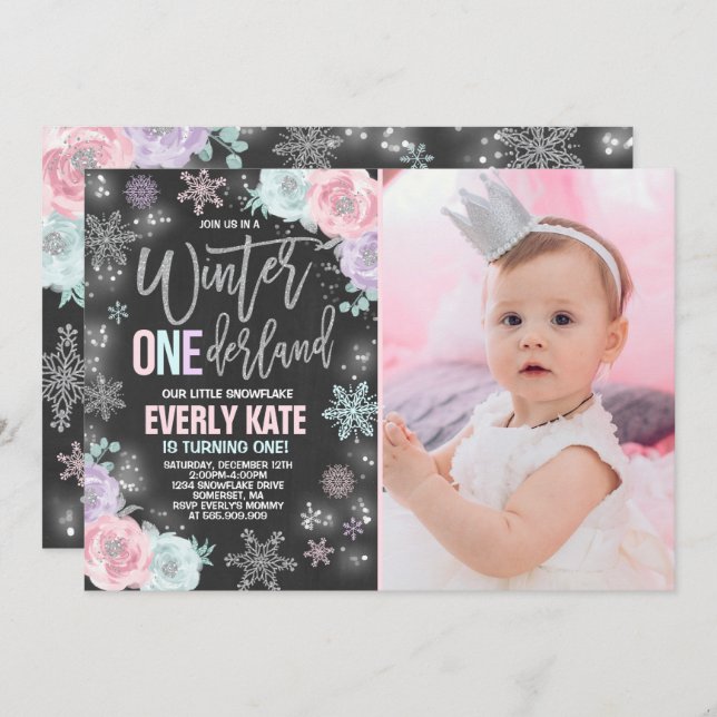 Winter ONEderland Birthday Invitation Pink Silver (Front/Back)