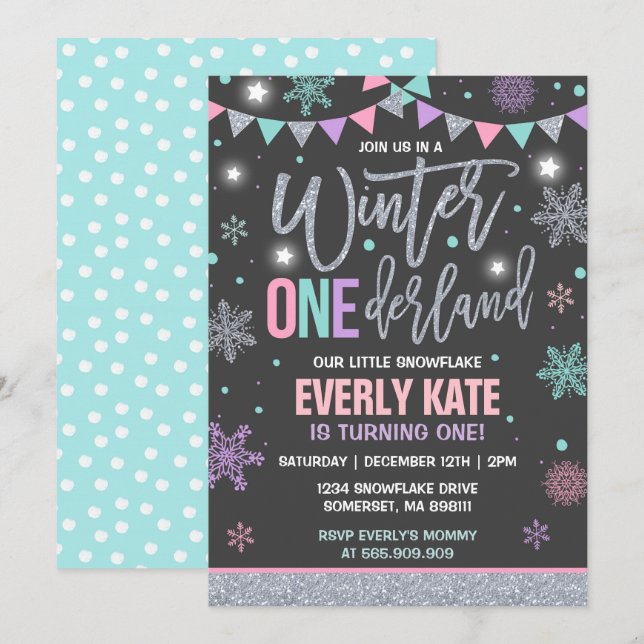 Winter ONEderland Birthday Invitation Pink Silver (Front/Back)